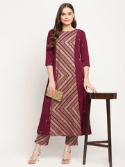 Wine Crepe Gold Glitter Print Kurta Trouser Set-AHKUPN-COMBO-367