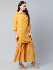 Women's Mustard Yellow Georgette Printed Sharara Set With Dupatta-AHKUDUSH-COMBO-433