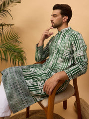 Ethnic Bay Men Green Viscose Rayon Batik Embroidered Straight Kurta With Pant Set-MKSET1500