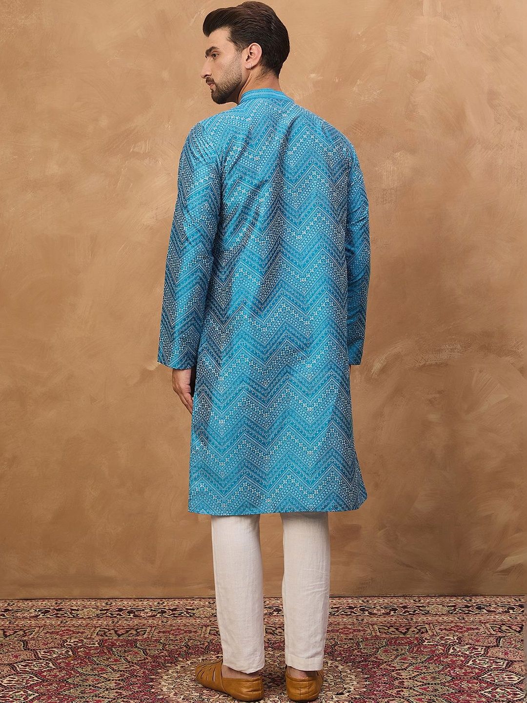Ethnic Bay Men Blue Silk Blend Geometric Printed Straight Kurta With Pant Set-MKSET1531