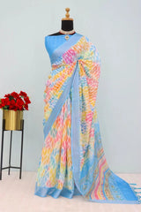 Linen Digital Print Sky Blue Saree With Unstiched Blouse Piece-MPHL-66-SKY