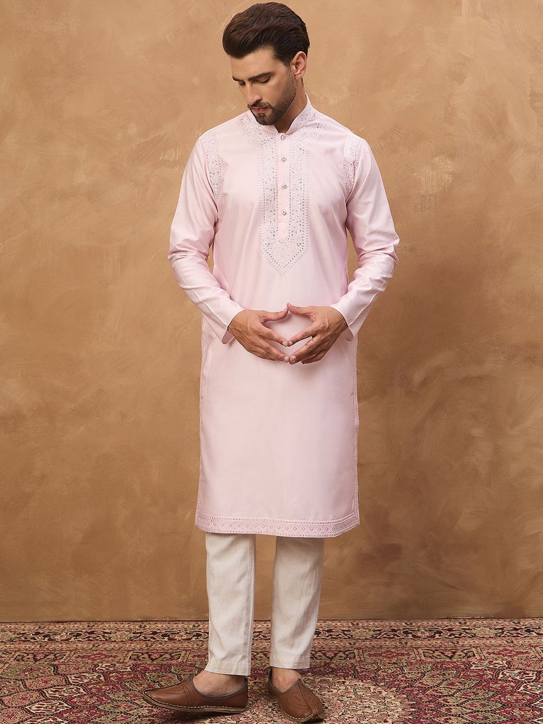 Ethnic Bay Men Pink Silk Blend Solid Embroidered Straight Kurta With Pant Set-MKSET1512