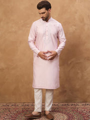 Ethnic Bay Men Pink Silk Blend Solid Embroidered Straight Kurta With Pant Set-MKSET1512