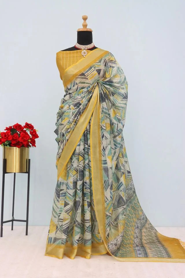 Linen Digital Print Yellow Saree With Unstiched Blouse Piece-MPHL-05-YELLOW