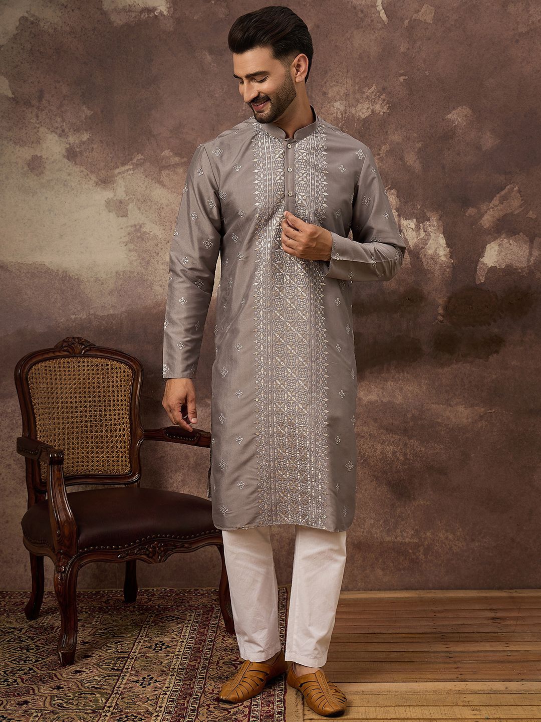 Ethnic Bay Men Grey Silk Blend Solid Embroidered Straight Kurta With Pant Set-MKSET1420
