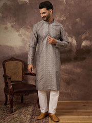Ethnic Bay Men Grey Silk Blend Solid Embroidered Straight Kurta With Pant Set-MKSET1420