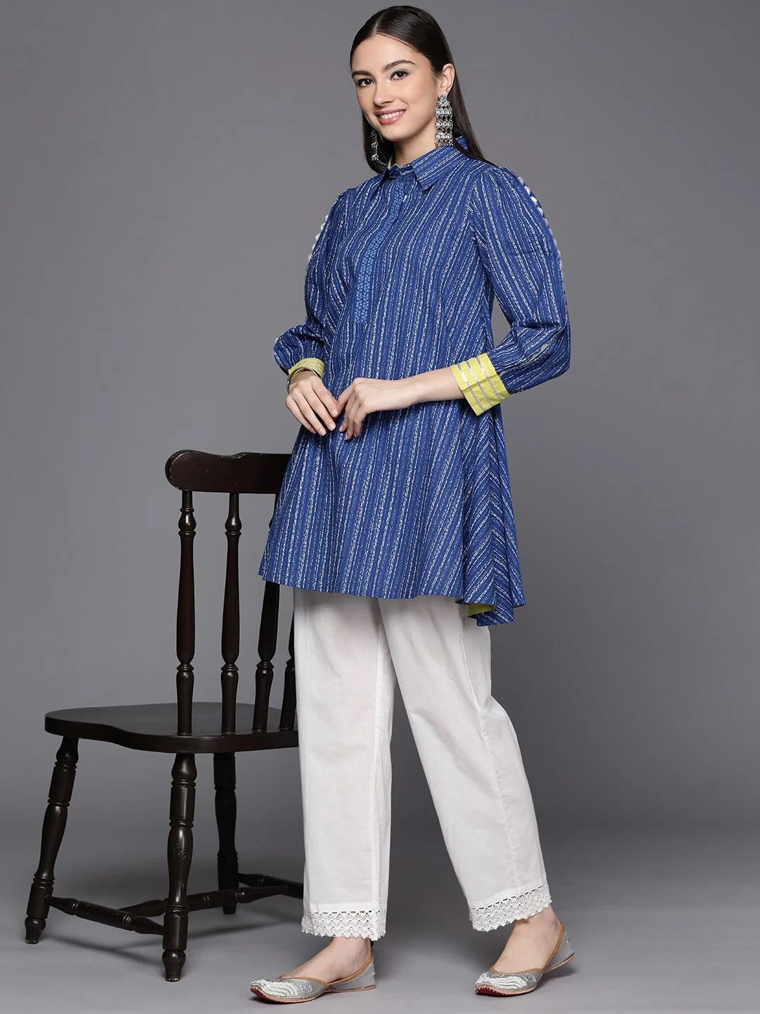 Blue Cotton Printed Tunic Top - Indian Kurta for Women