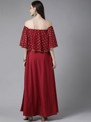 Maroon Cotton Blend Gold Printed Dress-AHDRGRFP-925