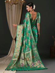 Women's Organza Turquoise Woven Design Designer Saree With Blouse Piece-YARYA111E