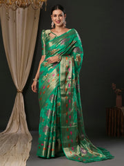 Women's Organza Turquoise Woven Design Designer Saree With Blouse Piece-YARYA111E
