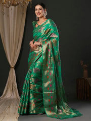 Women's Organza Turquoise Woven Design Designer Saree With Blouse Piece-YARYA111E