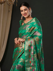 Women's Organza Turquoise Woven Design Designer Saree With Blouse Piece-YARYA111E