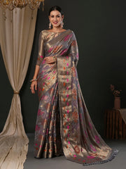 Women's Organza Grey Woven Design Designer Saree With Blouse Piece-YARYA111G
