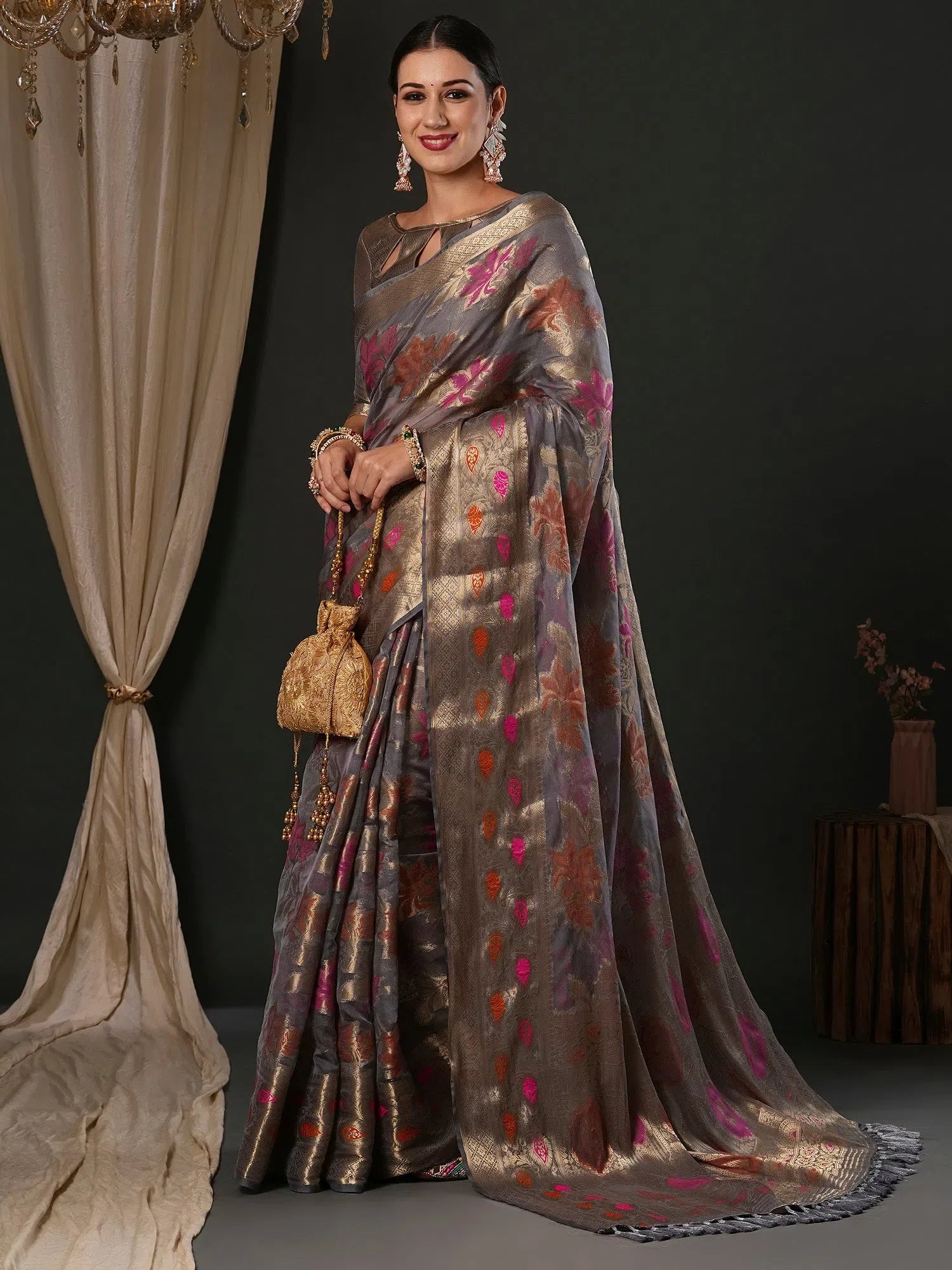 Grey Organza Saree - Designer Indian Sari for Women