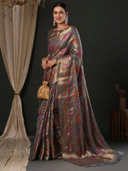 Women's Organza Grey Woven Design Designer Saree With Blouse Piece-YARYA111G