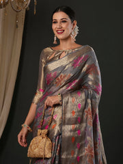 Women's Organza Grey Woven Design Designer Saree With Blouse Piece-YARYA111G