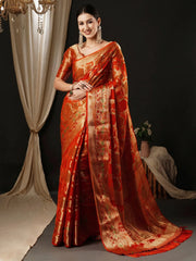 Women's Organza Orange Woven Design Designer Saree With Blouse Piece-YARYA112B