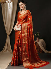 Women's Organza Orange Woven Design Designer Saree With Blouse Piece-YARYA112B