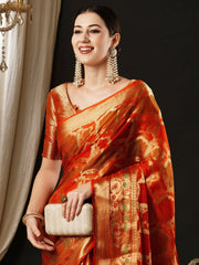 Women's Organza Orange Woven Design Designer Saree With Blouse Piece-YARYA112B