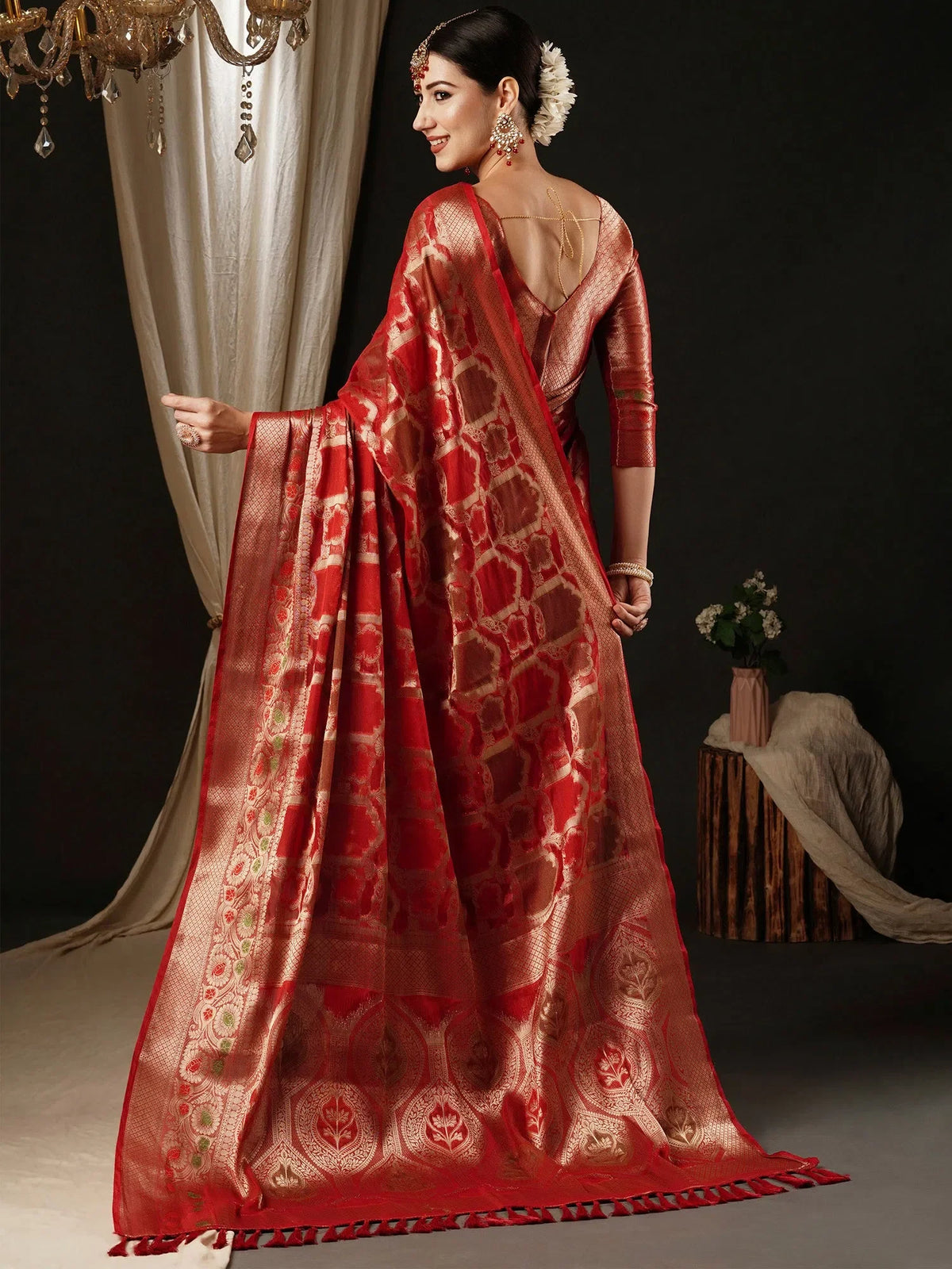 Women's Organza Red Woven Design Designer Saree With Blouse Piece-YARYA112D