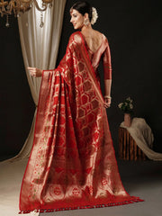 Women's Organza Red Woven Design Designer Saree With Blouse Piece-YARYA112D