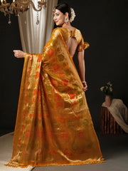 Women's Organza Yellow Woven Design Designer Saree With Blouse Piece-YARYA112F