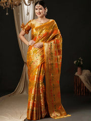 Women's Organza Yellow Woven Design Designer Saree With Blouse Piece-YARYA112F