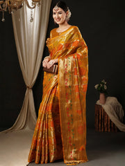 Women's Organza Yellow Woven Design Designer Saree With Blouse Piece-YARYA112F
