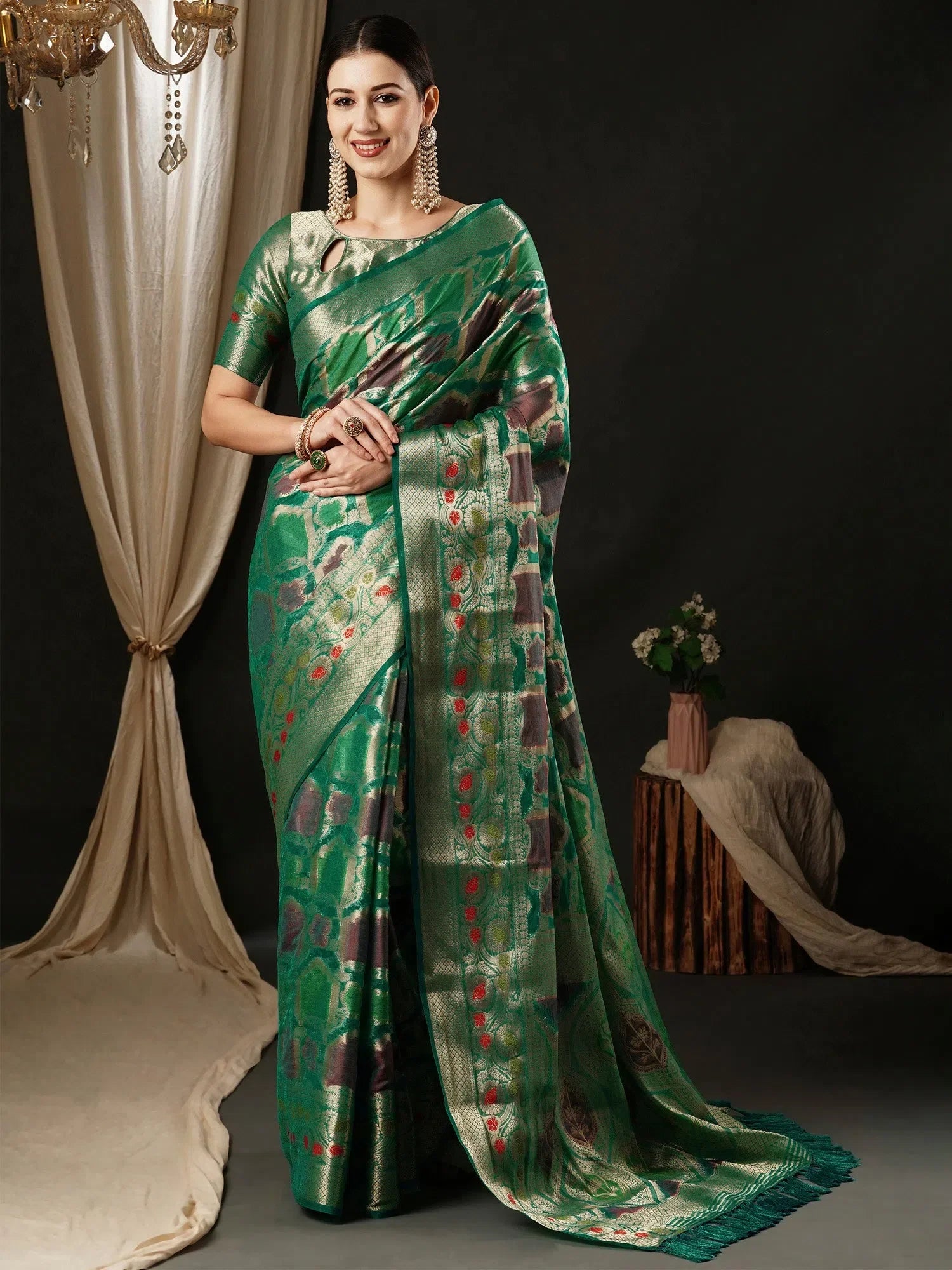 Teal Blue Organza Saree - Indian Sari & Designer Drape
