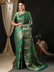 Women's Organza Teal Blue Woven Design Designer Saree With Blouse Piece-YARYA112G
