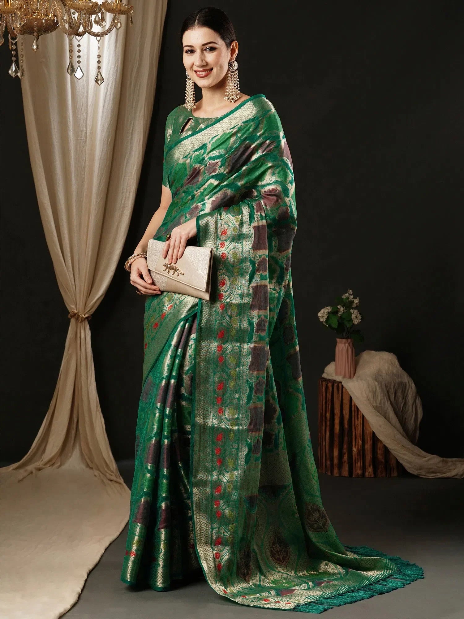 Teal Blue Organza Saree - Indian Sari & Designer Drape