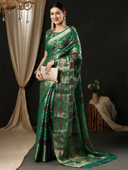 Women's Organza Teal Blue Woven Design Designer Saree With Blouse Piece-YARYA112G