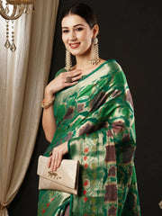 Women's Organza Teal Blue Woven Design Designer Saree With Blouse Piece-YARYA112G