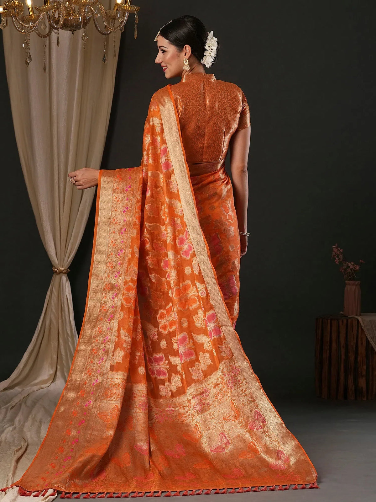 Women's Organza Orange Woven Design Designer Saree With Blouse Piece-YARYA113B