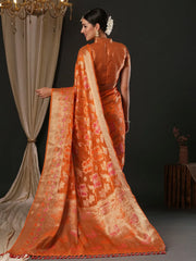 Women's Organza Orange Woven Design Designer Saree With Blouse Piece-YARYA113B