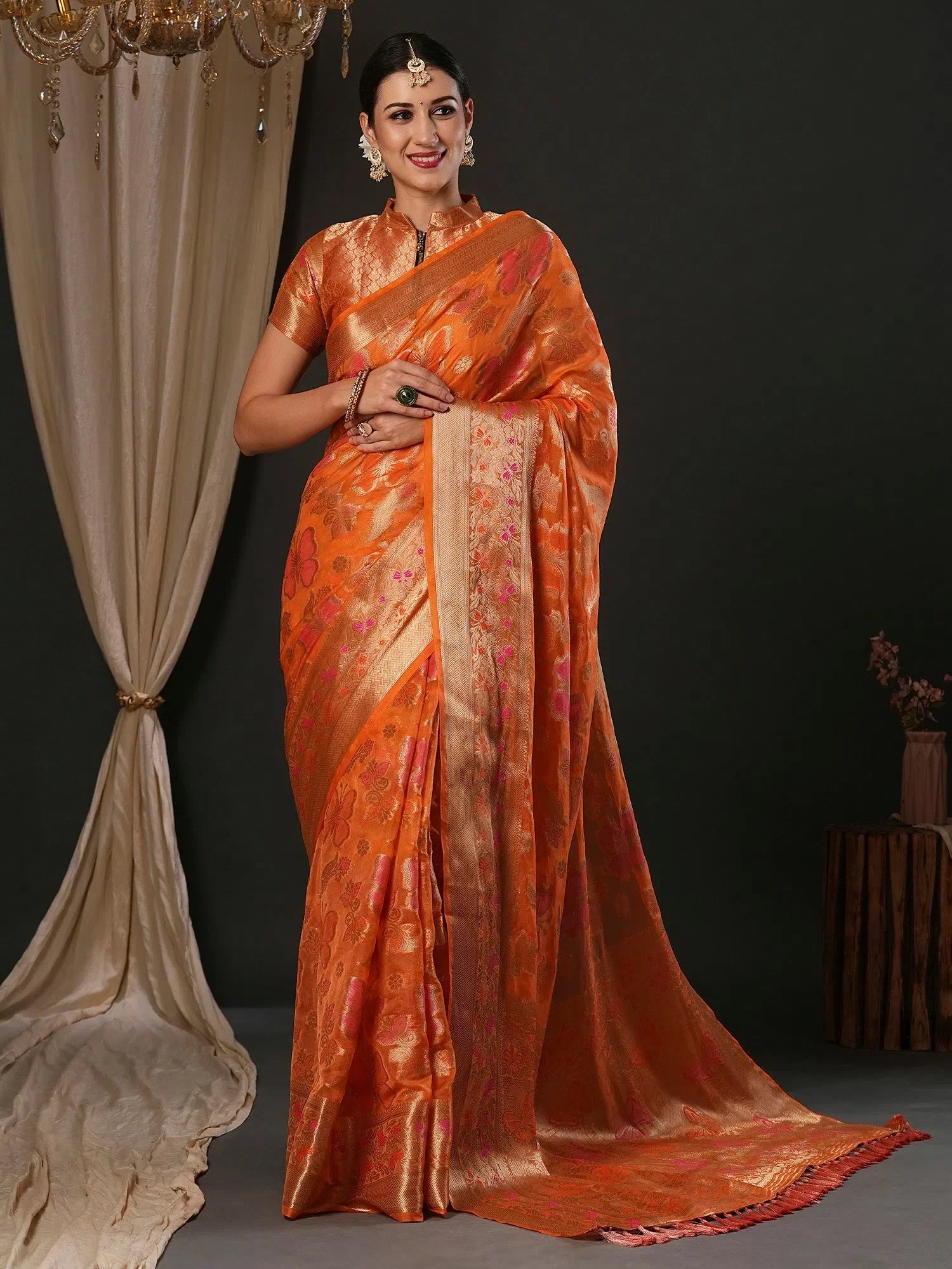 Orange Organza Saree - Designer Sarees India