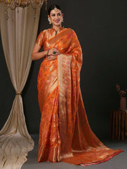 Women's Organza Orange Woven Design Designer Saree With Blouse Piece-YARYA113B