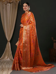 Women's Organza Orange Woven Design Designer Saree With Blouse Piece-YARYA113B