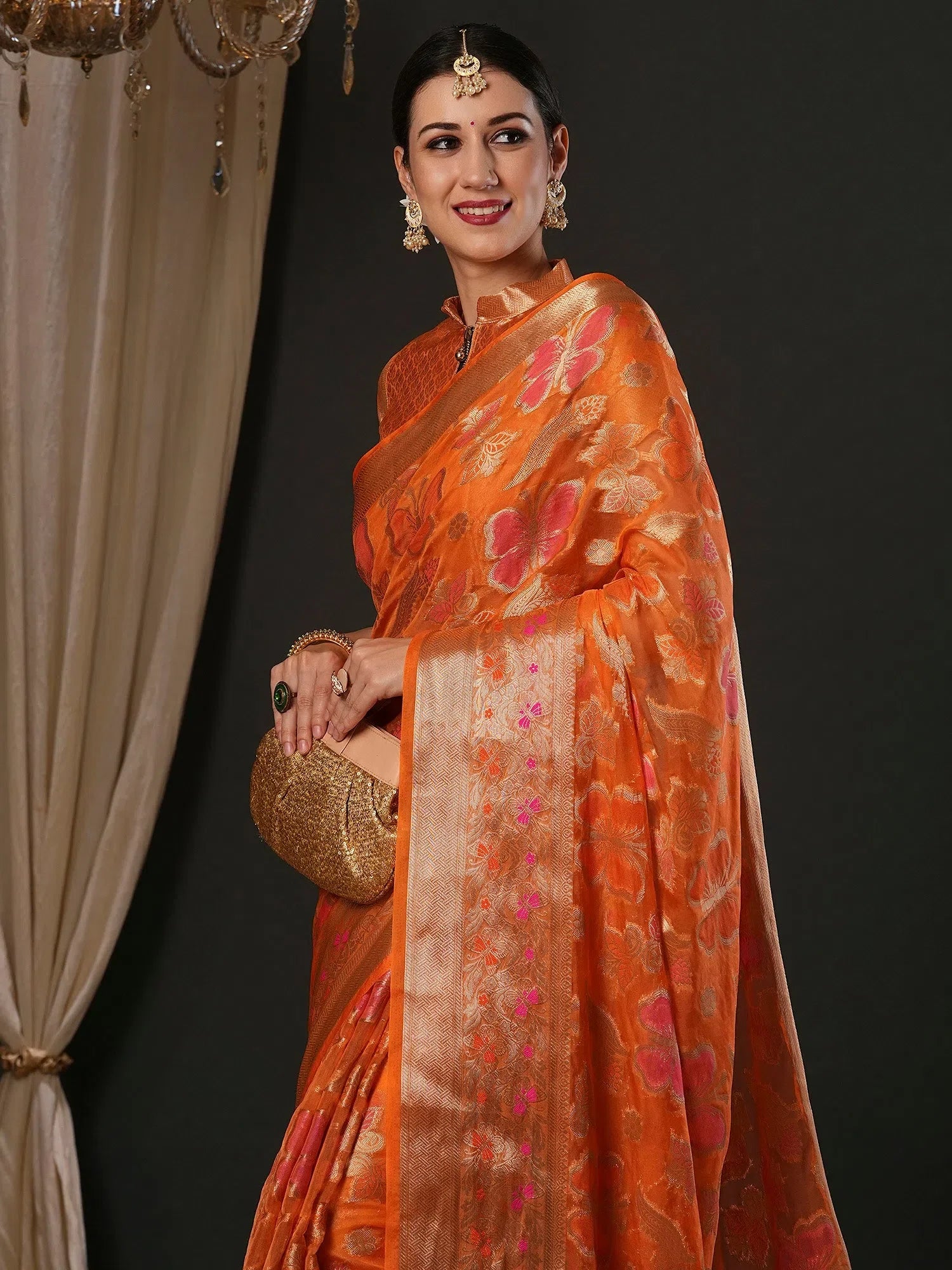 Orange Organza Saree - Designer Sarees India