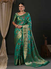 Women's Organza Light Blue Woven Design Designer Saree With Blouse Piece-YARYA113C