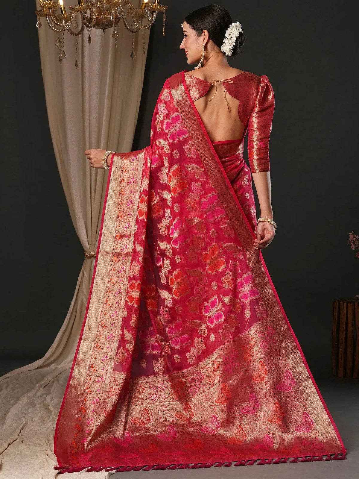 Women's Organza Pink Woven Design Designer Saree With Blouse Piece-YARYA113E