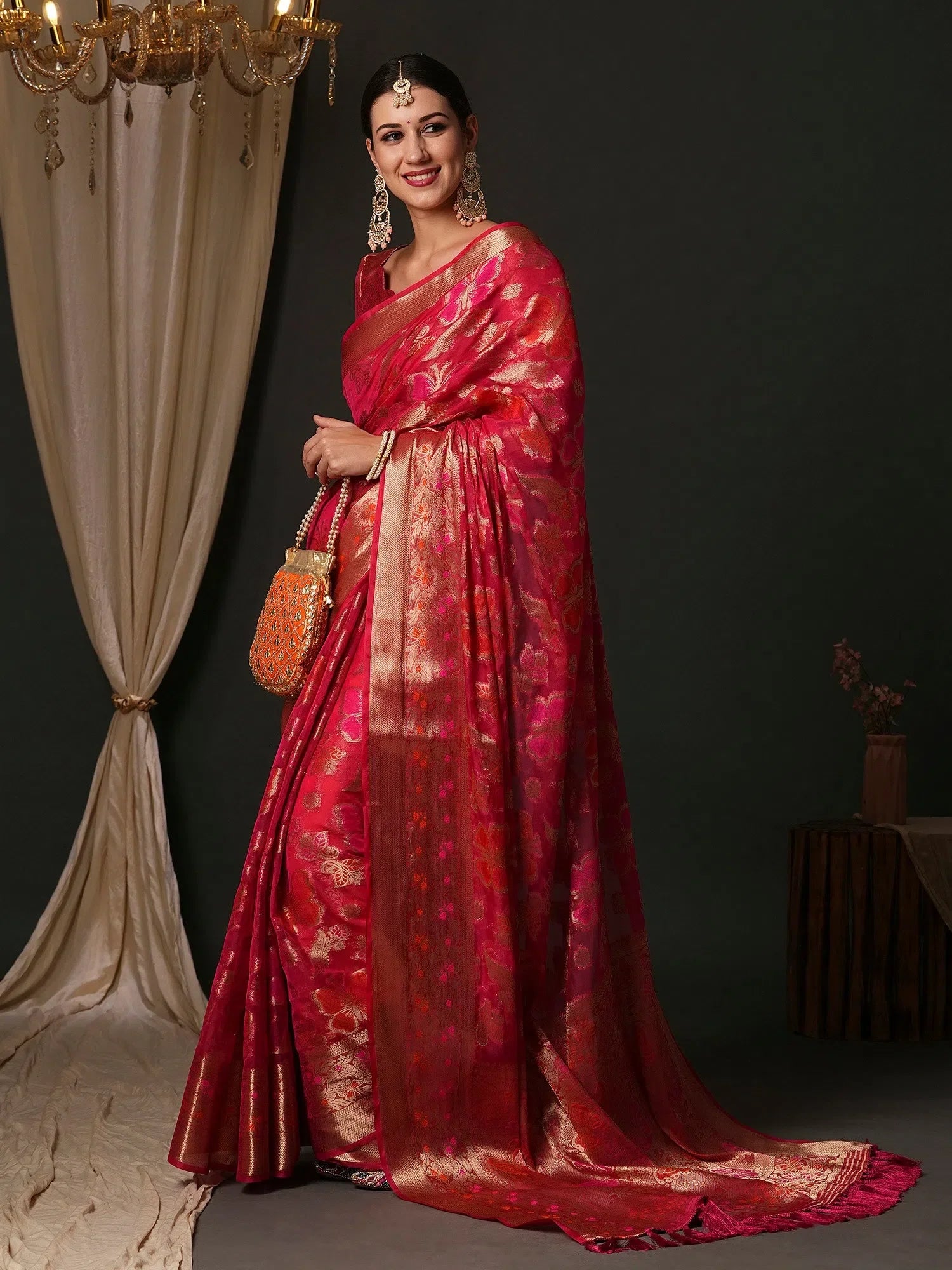 Pink Organza Saree | Designer Indian Sari with Blouse