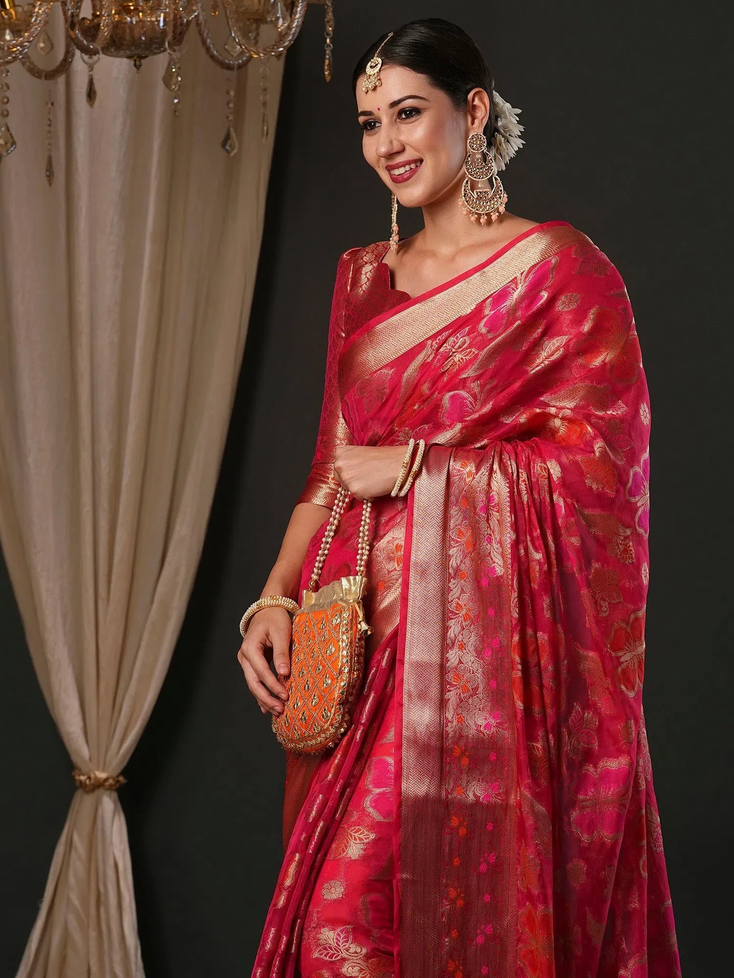 Pink Organza Saree | Designer Indian Sari with Blouse
