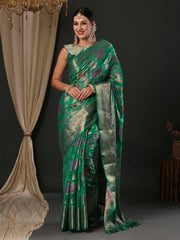 Women's Organza Teal Green Woven Design Designer Saree With Blouse Piece-YARYA113F