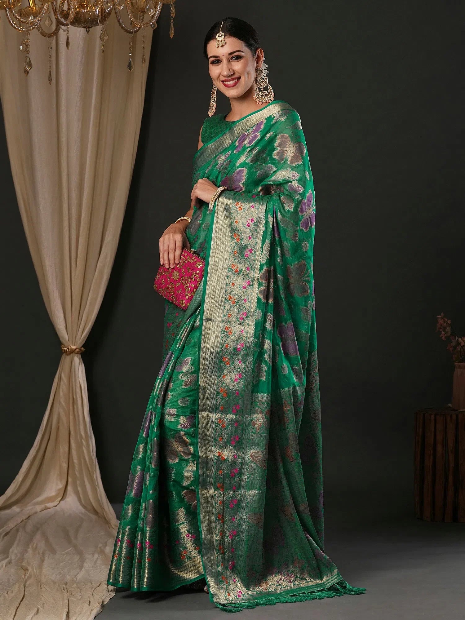 Teal Organza Saree - Designer Sarees India & Banarasi Touch