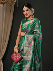 Women's Organza Teal Green Woven Design Designer Saree With Blouse Piece-YARYA113F