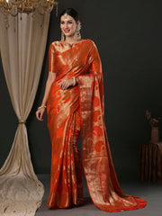 Women's Georgette Orange Woven Design Designer Saree With Blouse Piece-YARYA123G