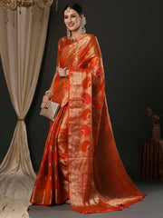 Women's Georgette Orange Woven Design Designer Saree With Blouse Piece-YARYA123G