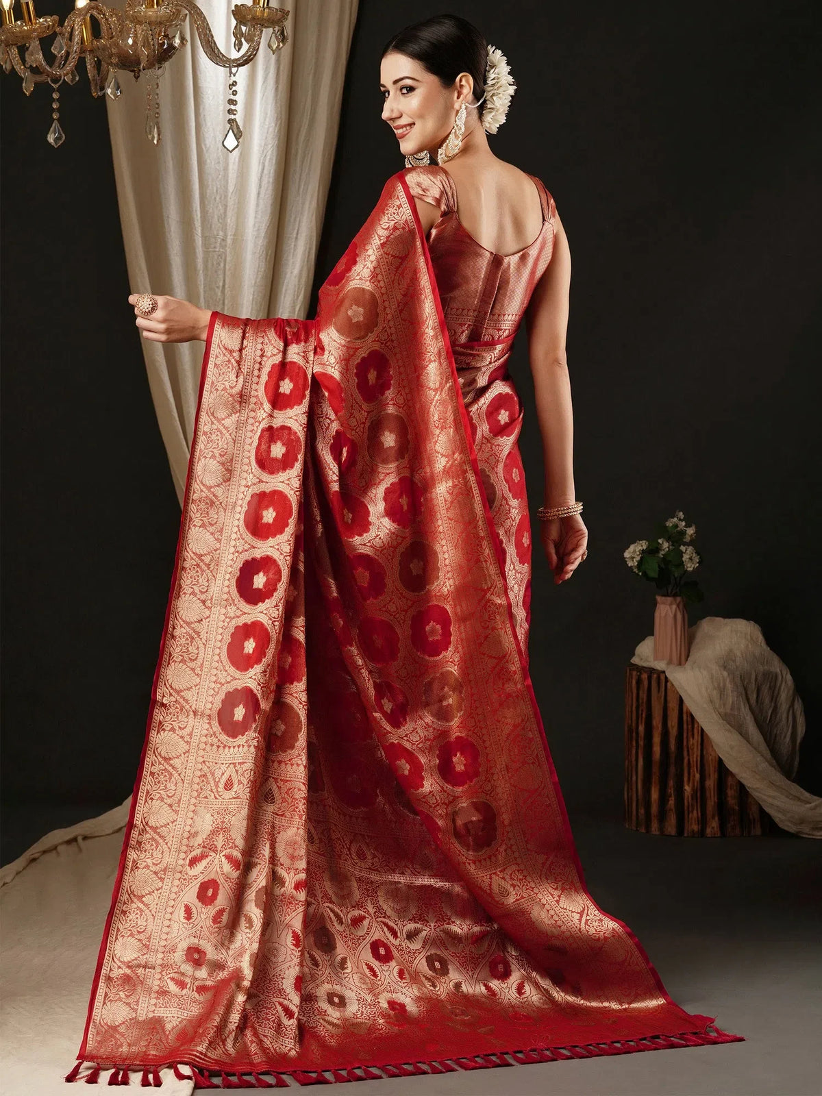 Women's Organza Red Woven Design Designer Saree With Blouse Piece-YARYA125A
