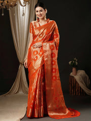 Women's Organza Orange Woven Design Designer Saree With Blouse Piece-YARYA125C